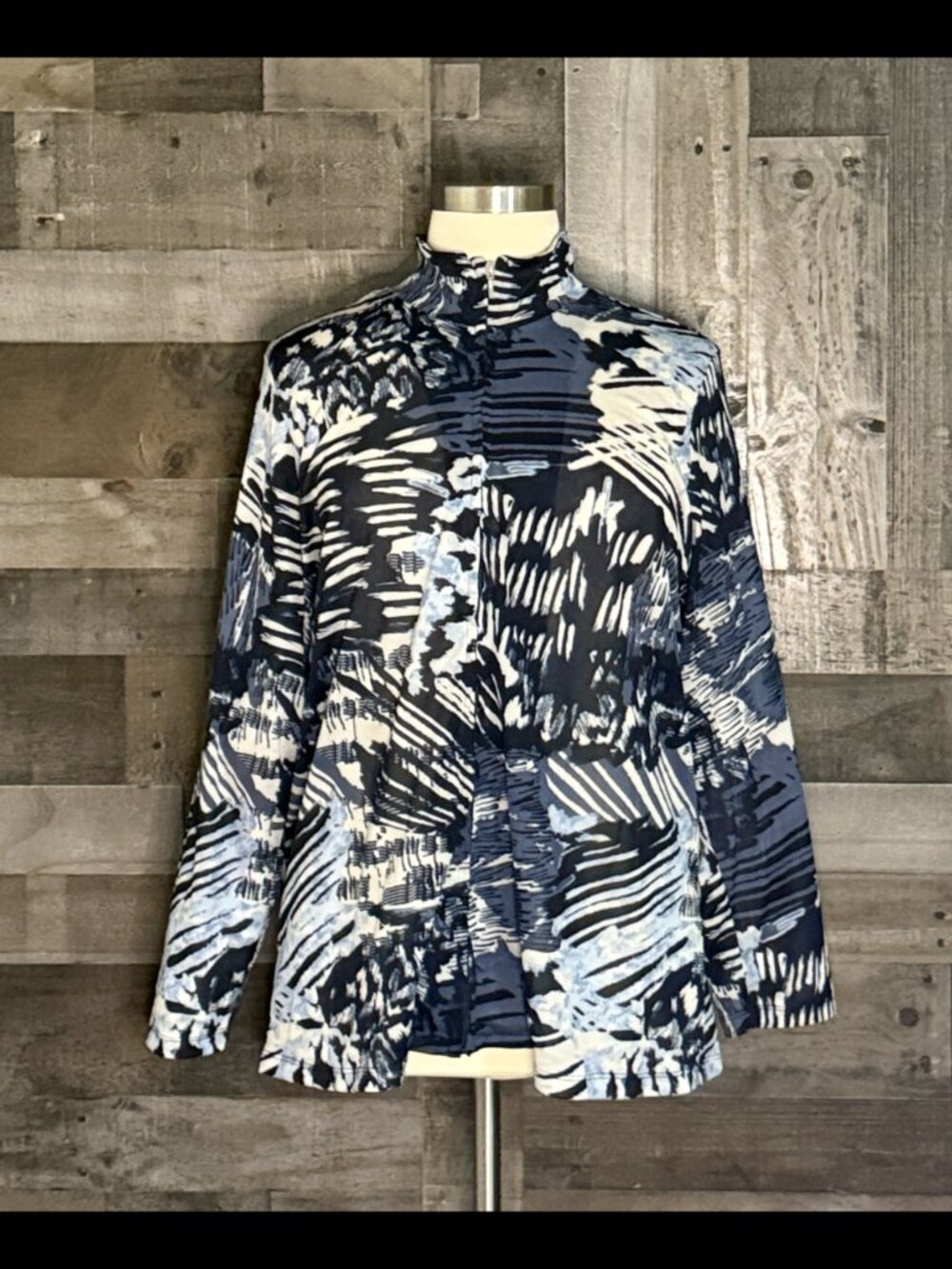 CJ Banks navy gray mixed print zip up jacket 2XLarge lightweight dark feminine